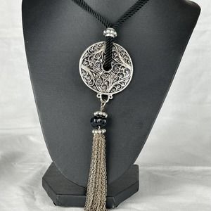 Black Cord Medallion and Chain Necklace